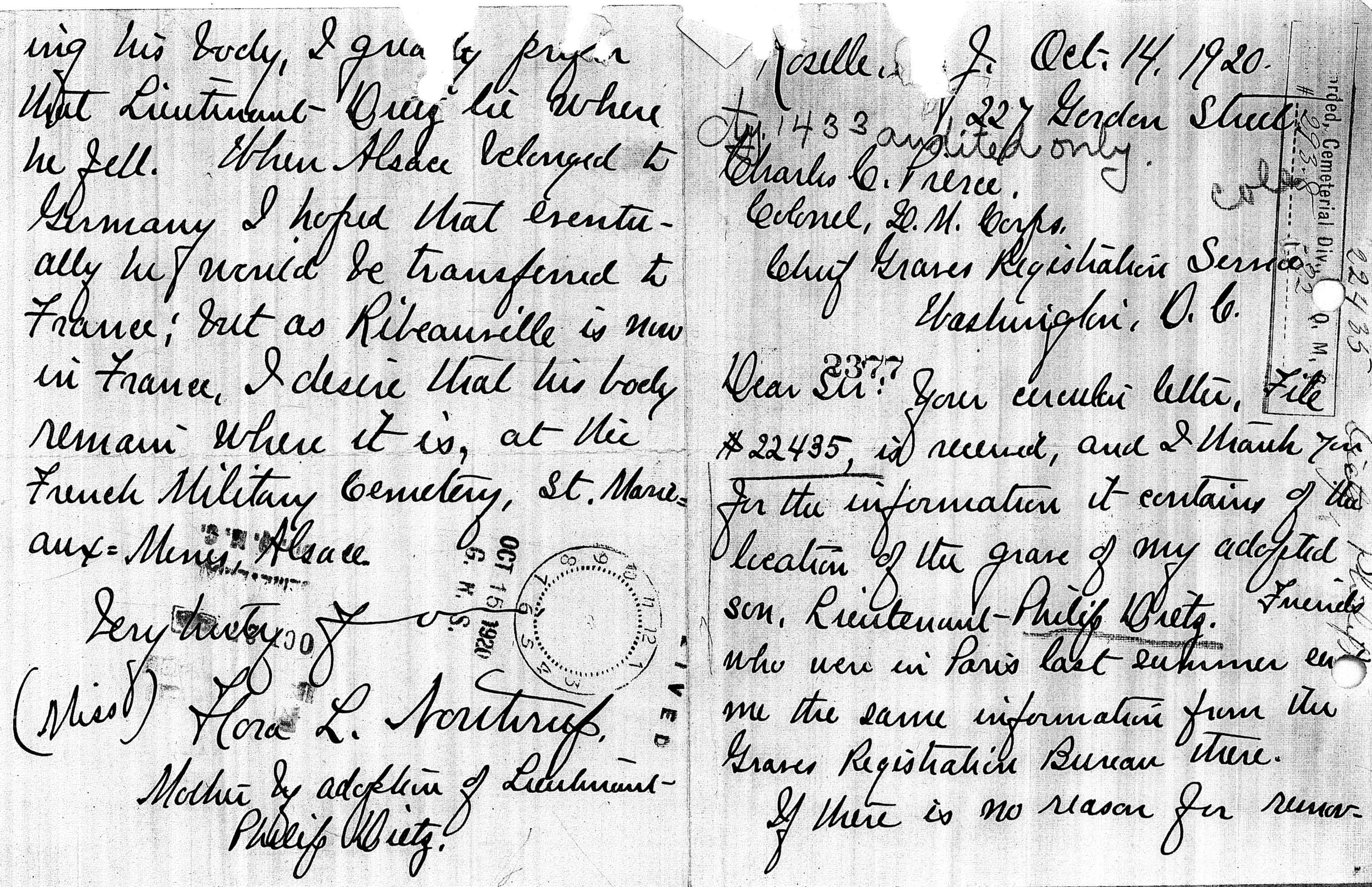 A handwritten letter from Flora Northrup indicating her wish that Dietz's body remain in the cemetery in Sainte-Marie-aux-Mines.