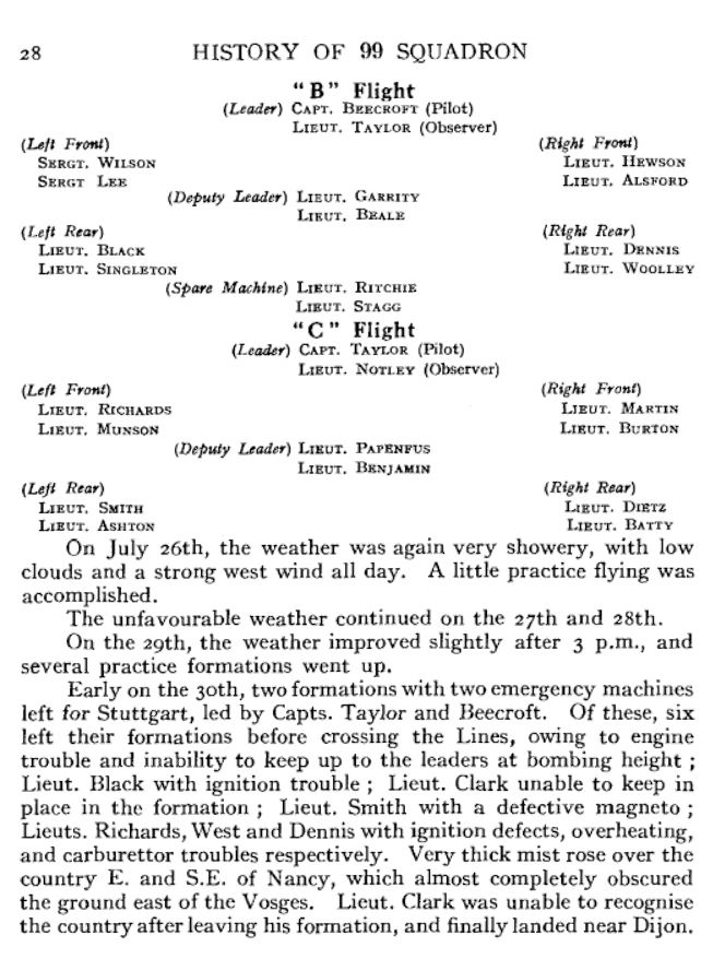 A page from Pattinson's History of 99 Squadron showing the arrangement of the flights for the July 30, 1918, mission on which Dietz was killed and listing the planes that had to turn back for various reasons.