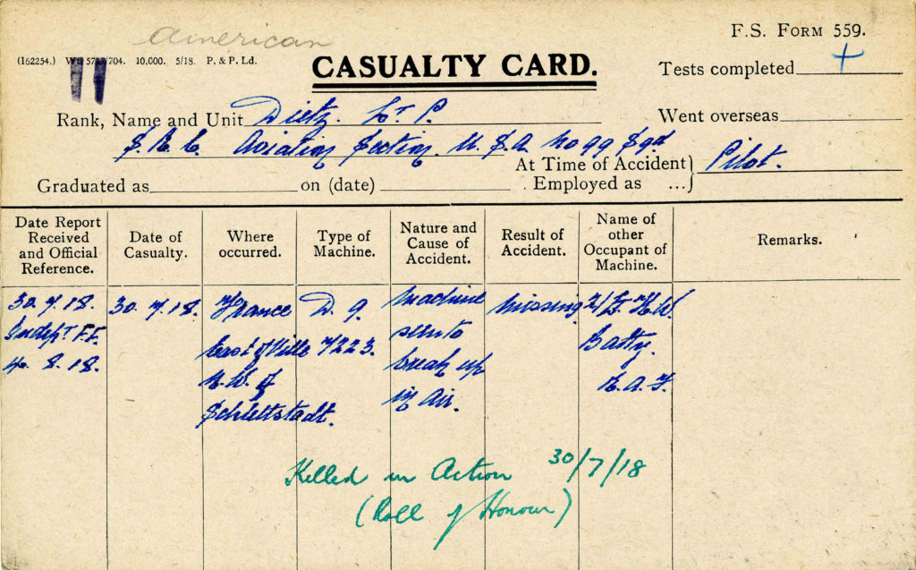 A printed card with details of Dietz's crash handwritten in.