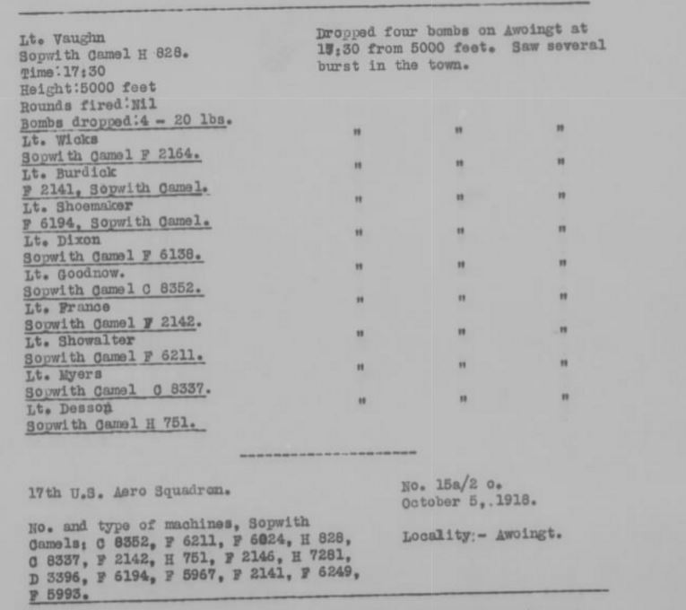 A typed bombing report, showing that ten pilots dropped four bombs each on Awoingt.