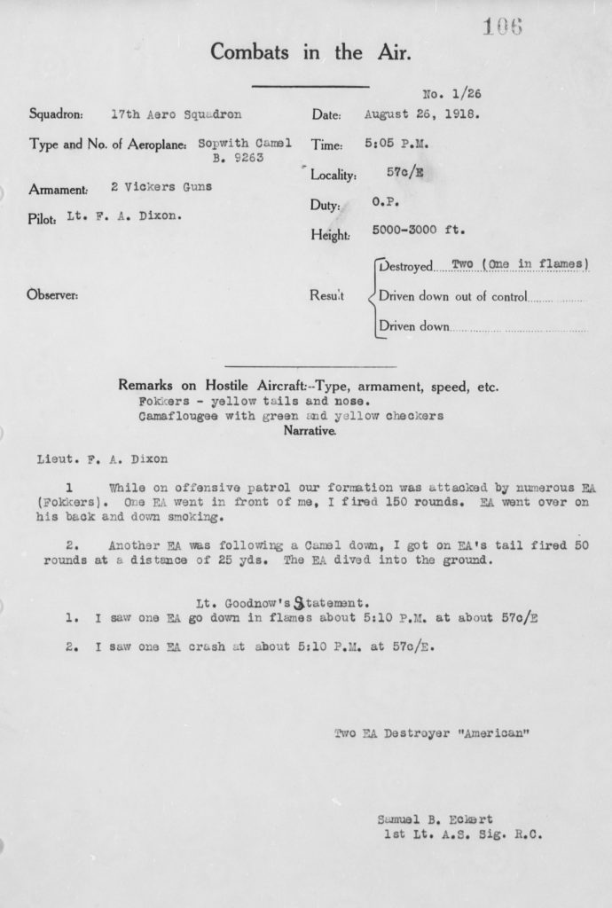 A typed combat report, showing that Dixon was responsible for downing to enemy planes on August 26, 1918.