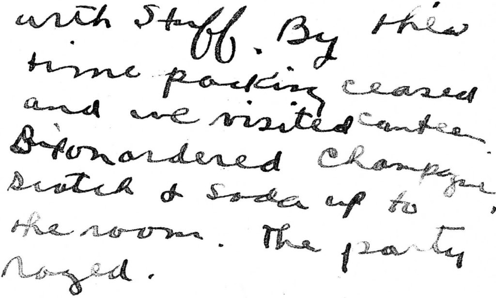 A brief passage from Foss's handwritten diary about Dixon ordering champagne etc.