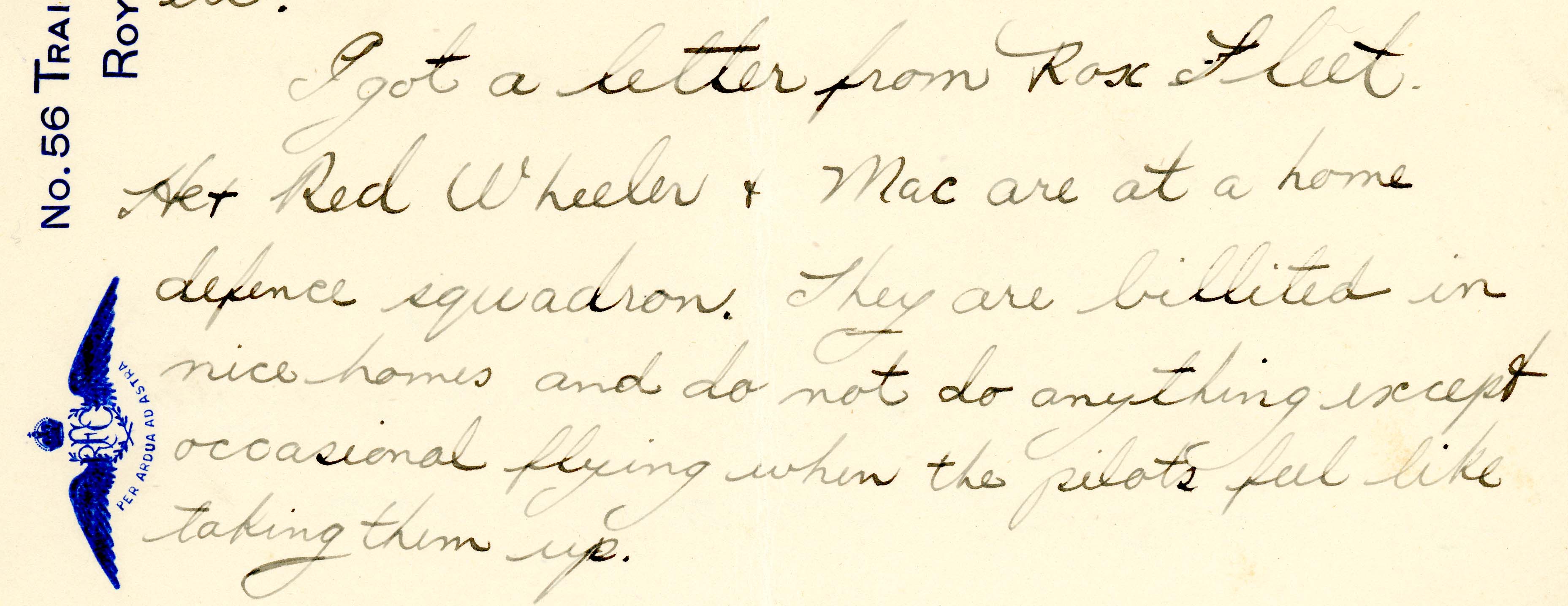 A portion of a letter by Hooper, who writes that Fleet, Wheeler, and Maloney are at a home defense squadron.