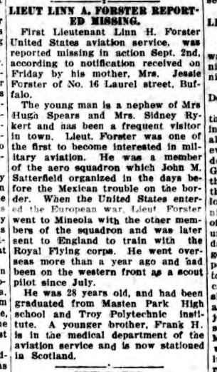 A newspaper clipping titled "Lieut. Linn A. [sic] Forster Reported Missing."