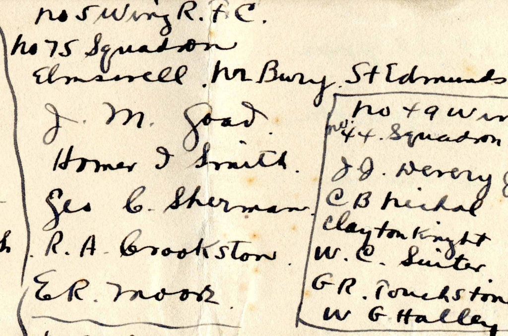 A portion of Foss's list of who was posted where on December 3, 1917, showing the men who went to Elmswell.