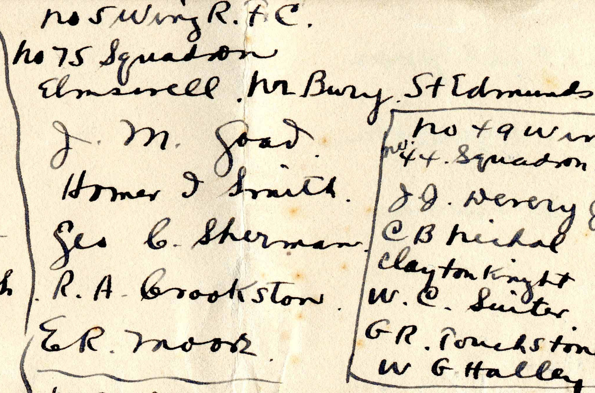 A portion of Foss's list of who was posted where on December 3, 1917, showing the men who went to Elmswell.