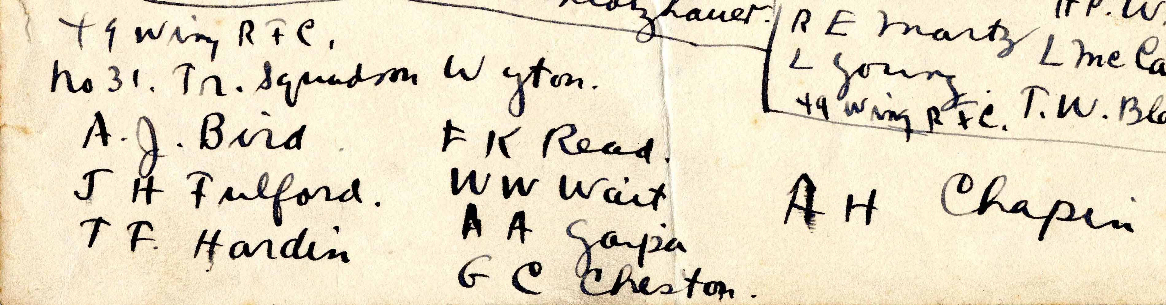 The bottom portion of Foss's list of who was posted where on December 3, 1917, showing the men who went to Wyton.