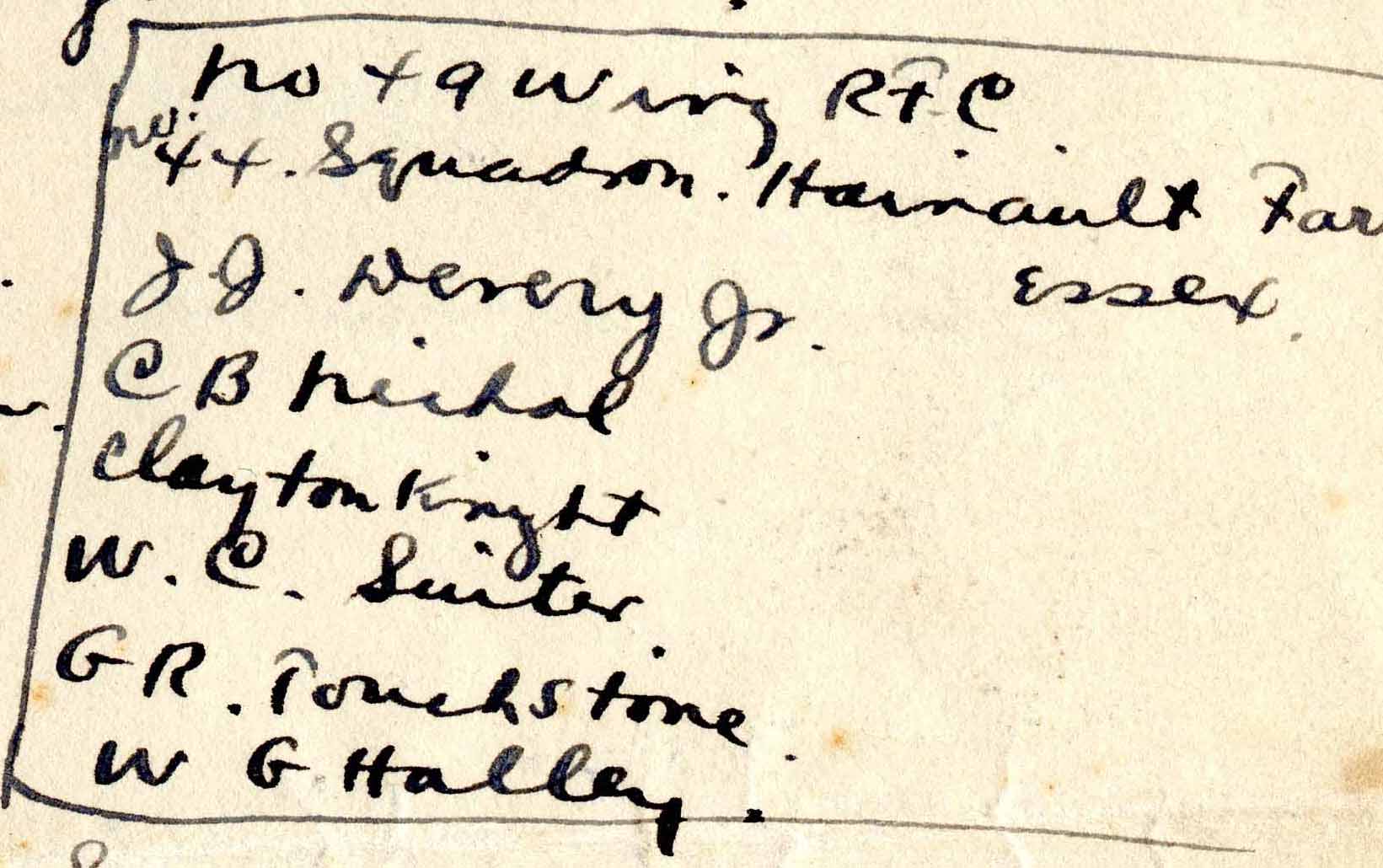 A handwritten list headed "No. 49 Wing RFC, No. 44 Squadron Hainault Farm Essex" followed by the names of six cadets.