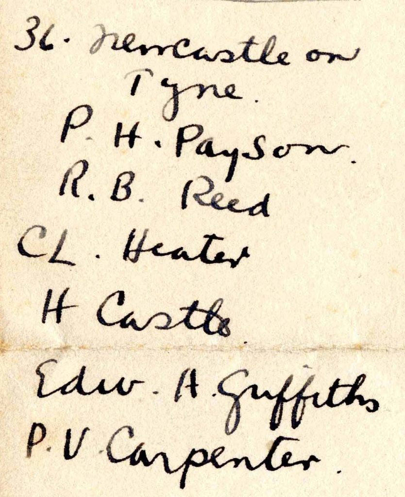 A handwritten list of names headed "36. Newcastle on Tyne."