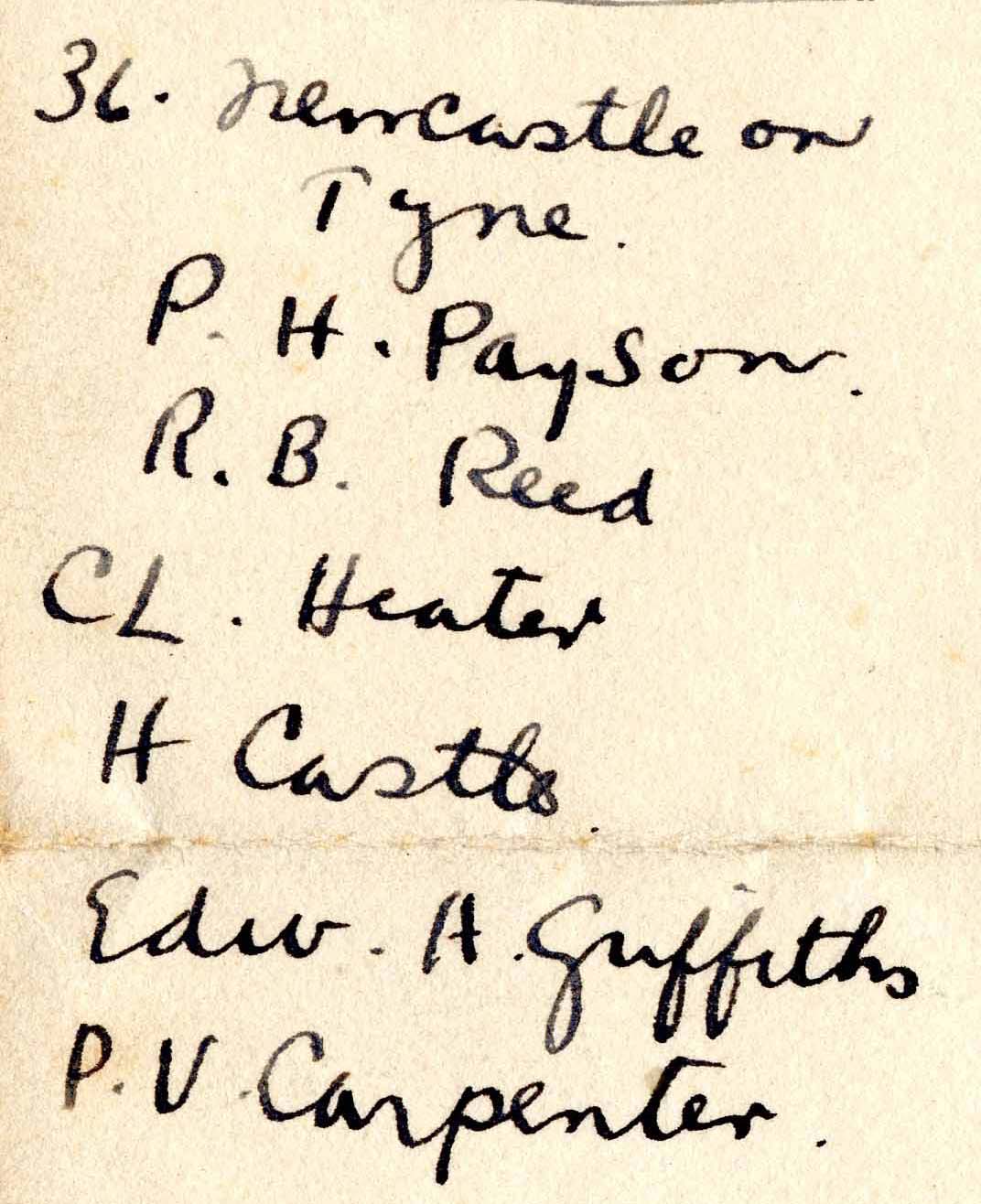 A handwritten list of names headed "36. Newcastle on Tyne."