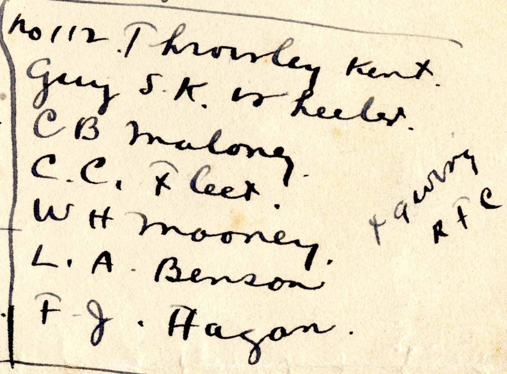 Portion of handwritten page. The portion is headed "No 112 Throwley Kent"; the heading is followed by a list of names: Guy S. K. Wheeler, C. B. Maloney, C. C. Fleet, W. H. Mooney, L. A. Benson, F. J. Hagan. To the right are the words 49 (?) Wing R.F.C.