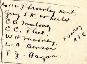 Portion of handwritten page. The portion is headed "No 112 Throwley Kent"; the heading is followed by a list of names: Guy S. K. Wheeler, C. B. Maloney, C. C. Fleet, W. H. Mooney, L. A. Benson, F. J. Hagan. To the right are the words 49 (?) Wing R.F.C.