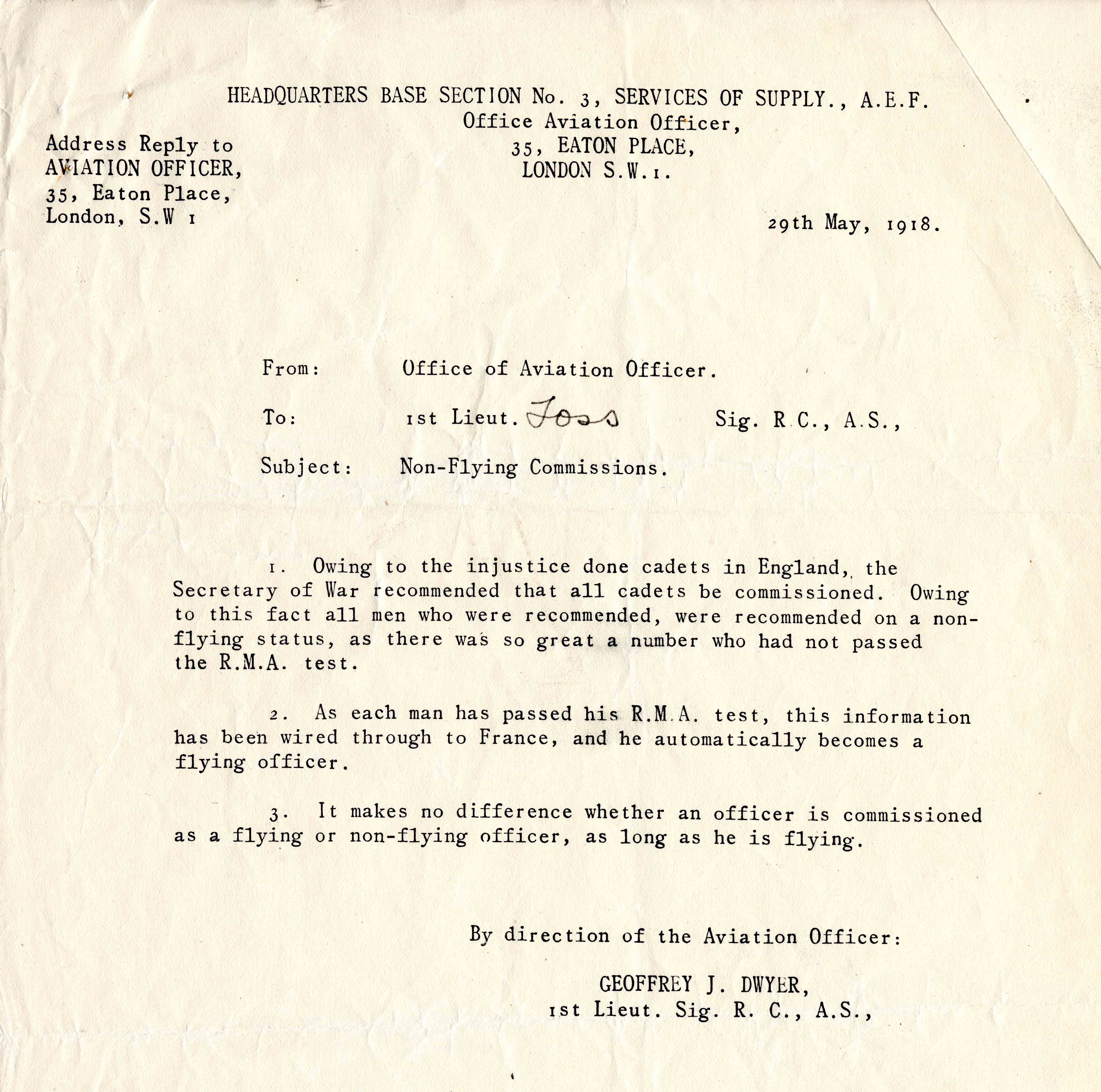 A typed memo from Geoffrey J. Dwyer to 1st Lt. Foss regarding non-flying commissions.