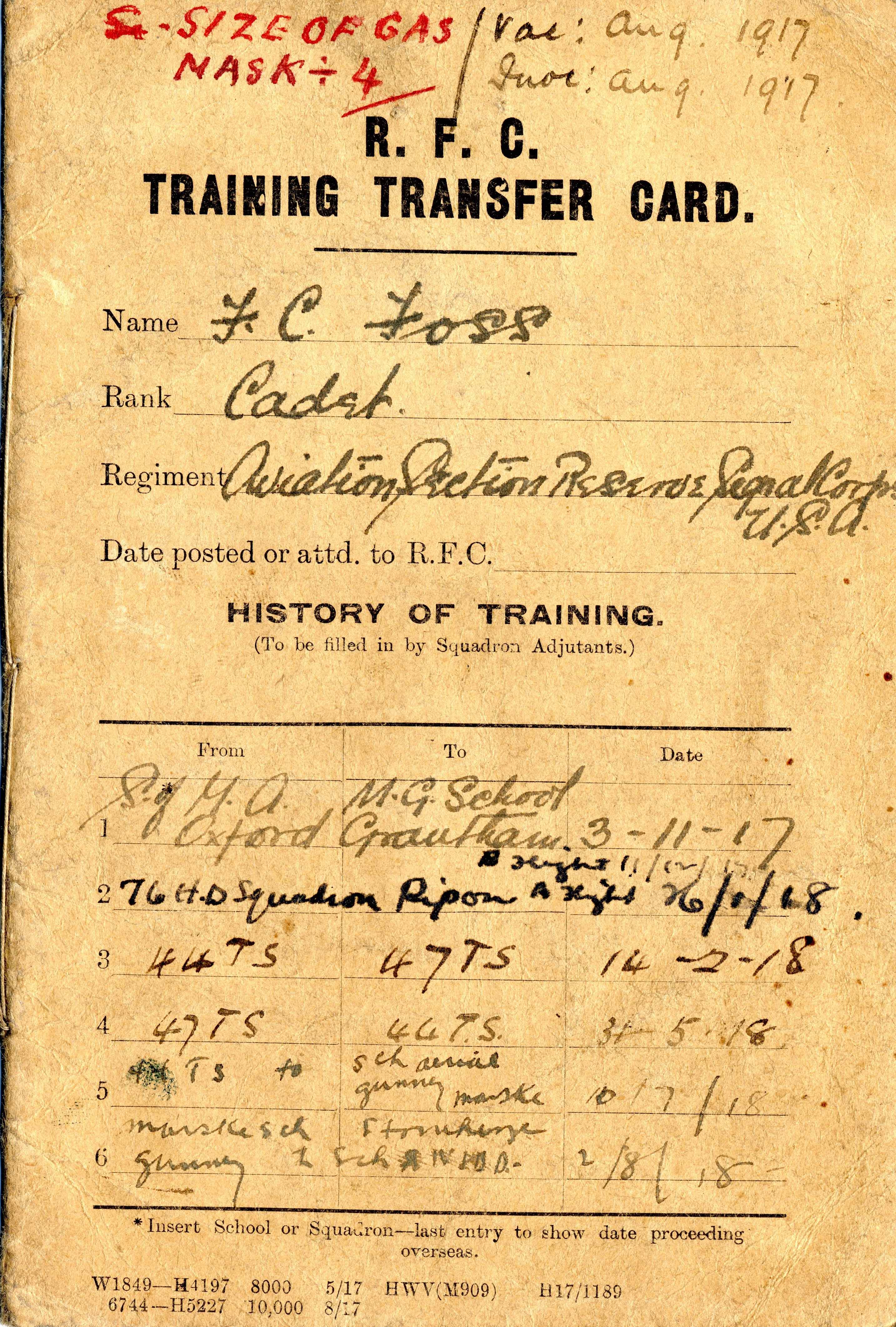 The front of a booklet titled "R.F.C. Training Transfer Card." It lists places Foss trained with dates of assignment.
