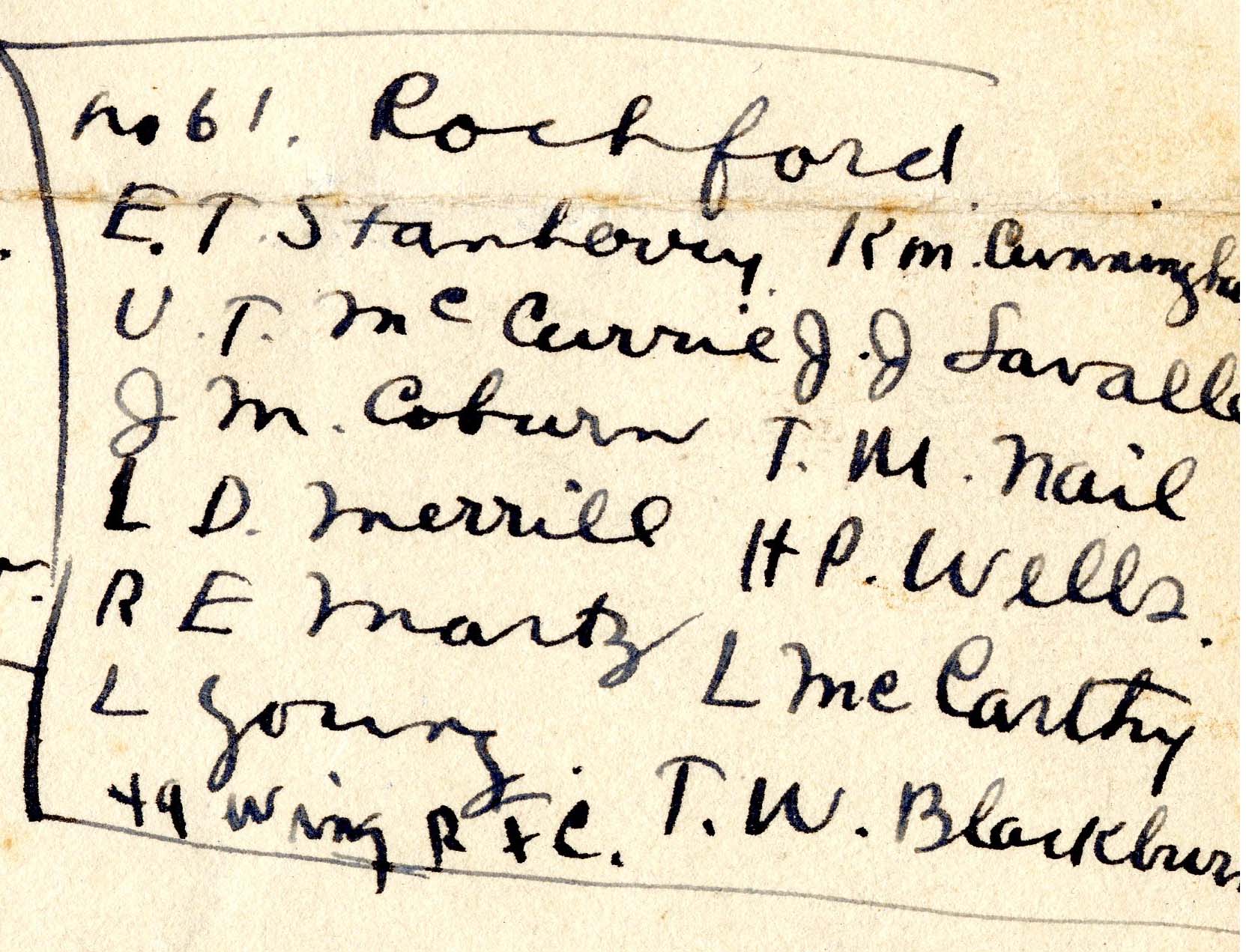 Portion of handwritten page. The portion is headed No. 61 Rochford and lists twelve names: E. T. Stanberry, U. T. McCurrie, J. M. coburn, L. D. Merrill, R. E. Martz, L. Young, R. M. Cunningham, J. J. Lavalle, T. M. Nail, H. P. Wells, L. McCarthy, T. W. Blackburn. At the bottom is the notation: "49 Wing R.F.C."