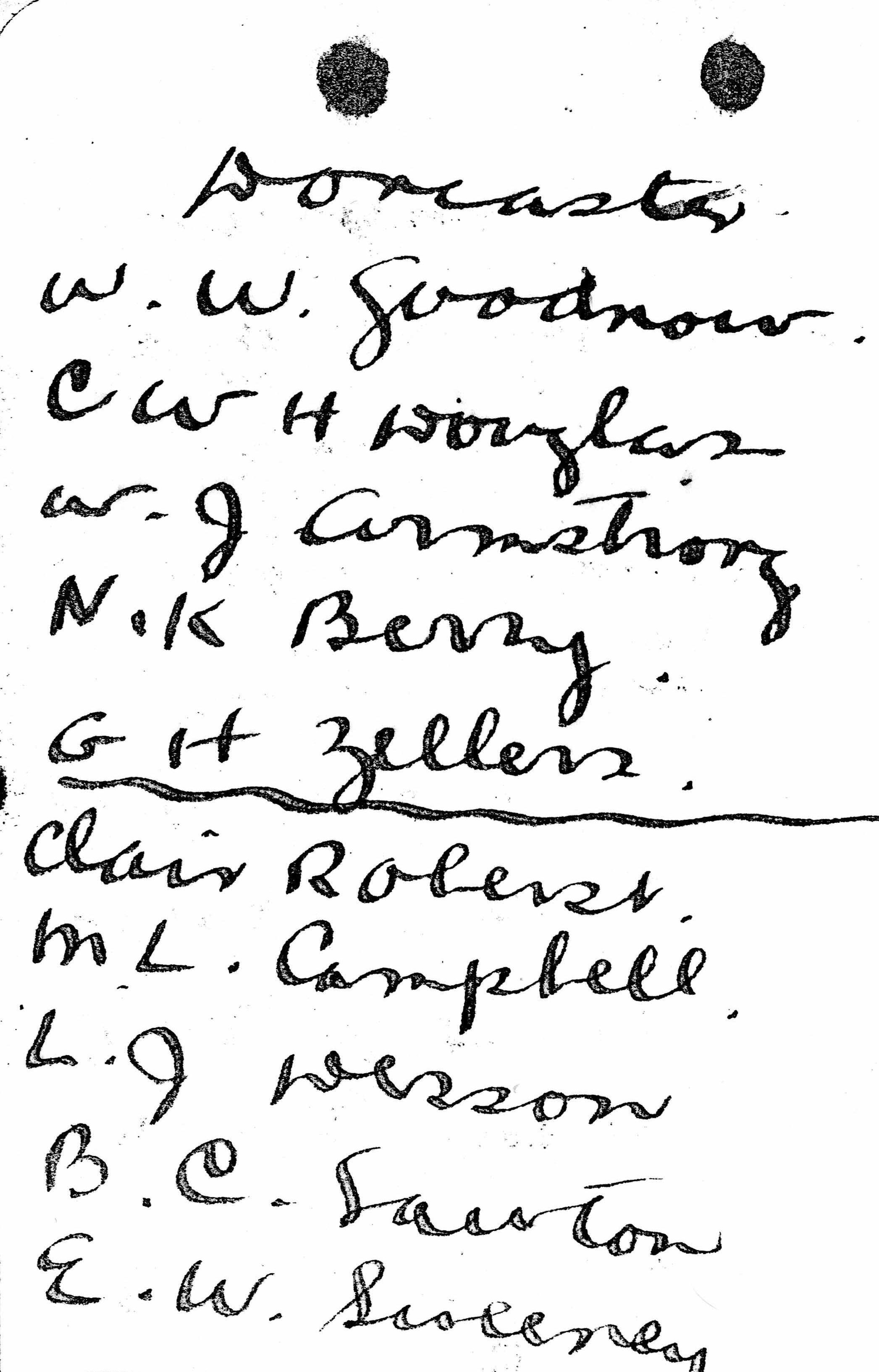 A handwritten list headed "Doncaster" followed by the names of ten cadets.