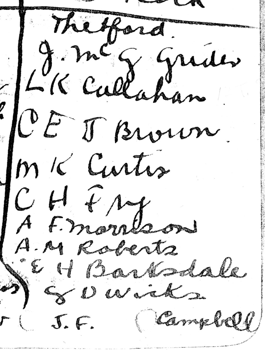 A handwritten list from Foss's diary of the ten men posted to Thetford in mid-November 1917.