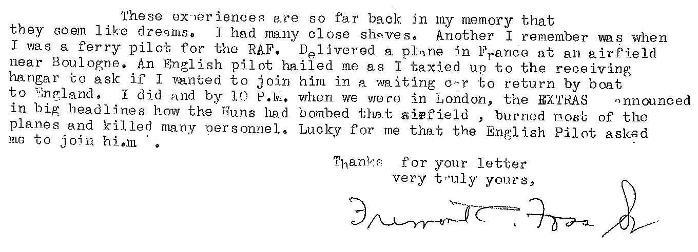 The last paragraph of the letter (typed) that Foss wrote to Richard Calow, with Foss's handwritten signature.