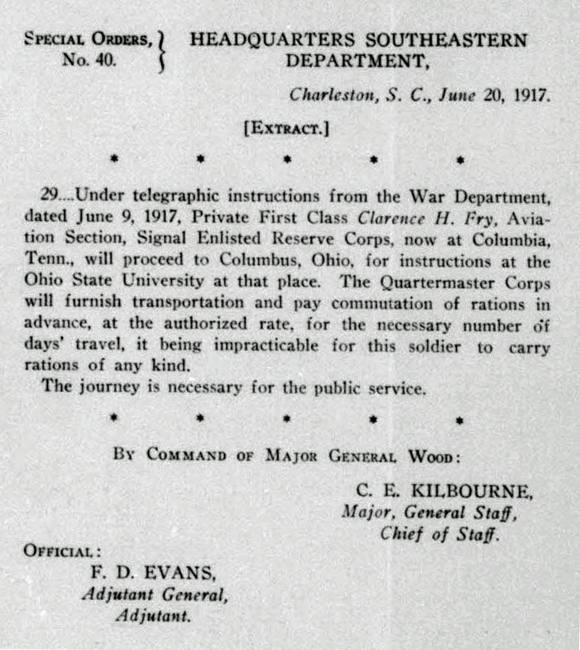 A printed page with orders dated June 20, 1917, for Fry to report to the Ohio State University School of Military Aeronautics.