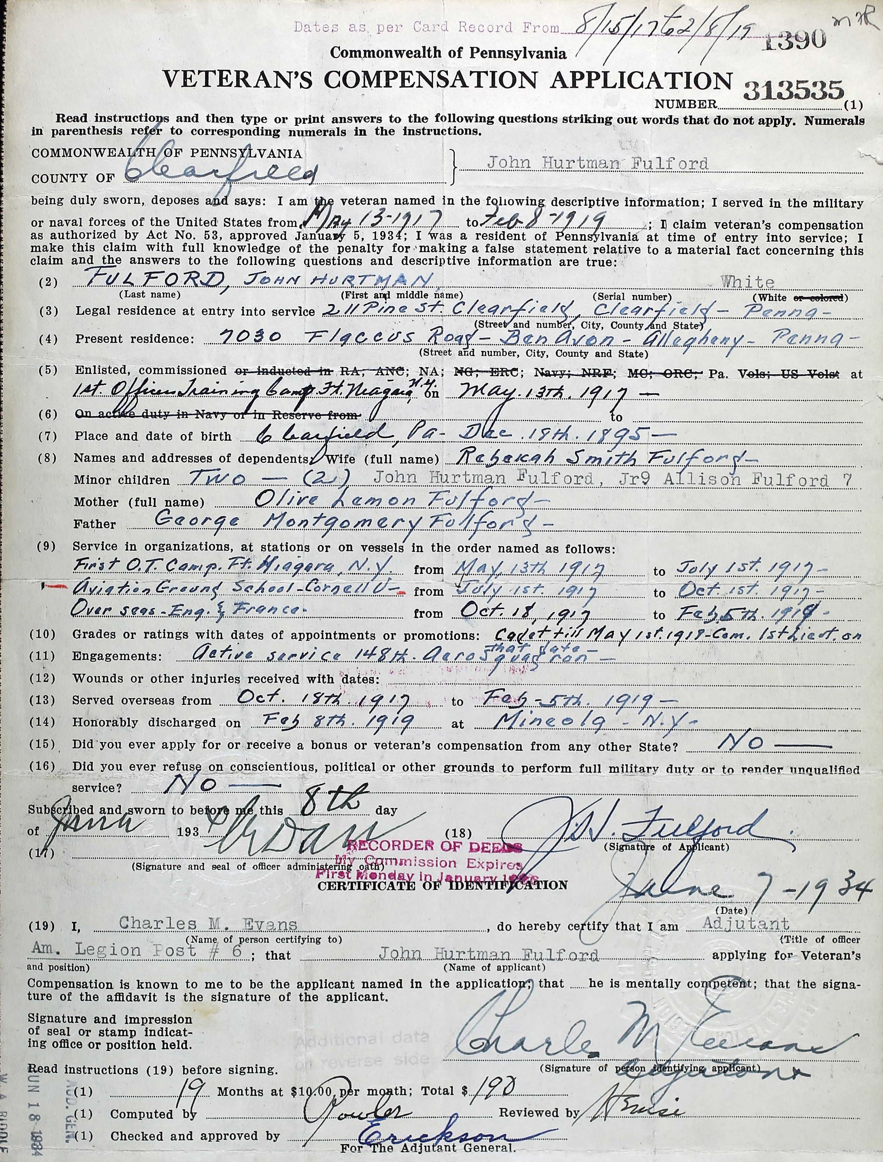 A form titled "Commonwealth of Pennsylvania Veteran's Compensation Application" filled out by Fulford.