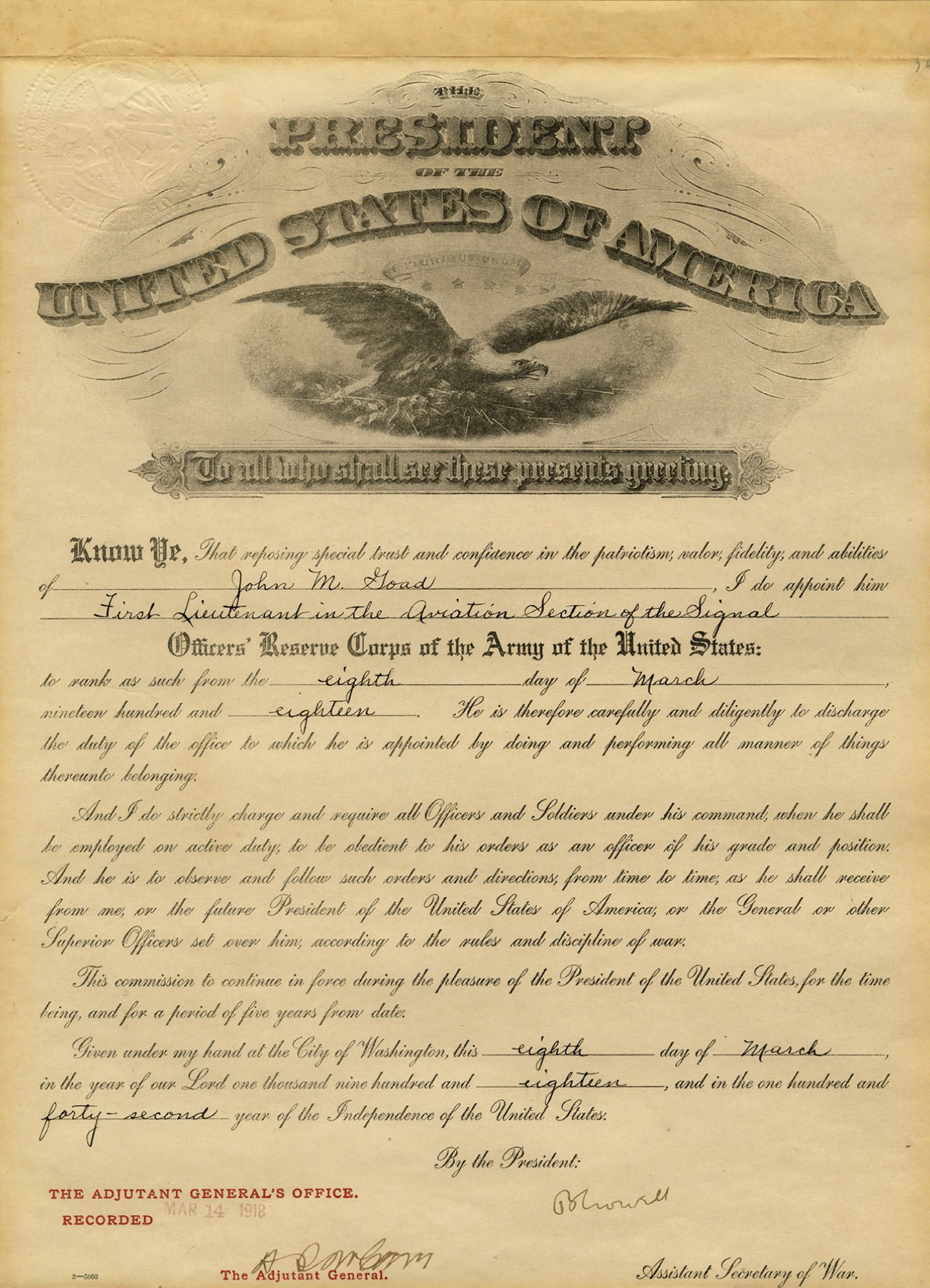 A formal document headed by the words "The President of the United States" announcing Goad's commission as a first lieutenant on March 8, 1918.