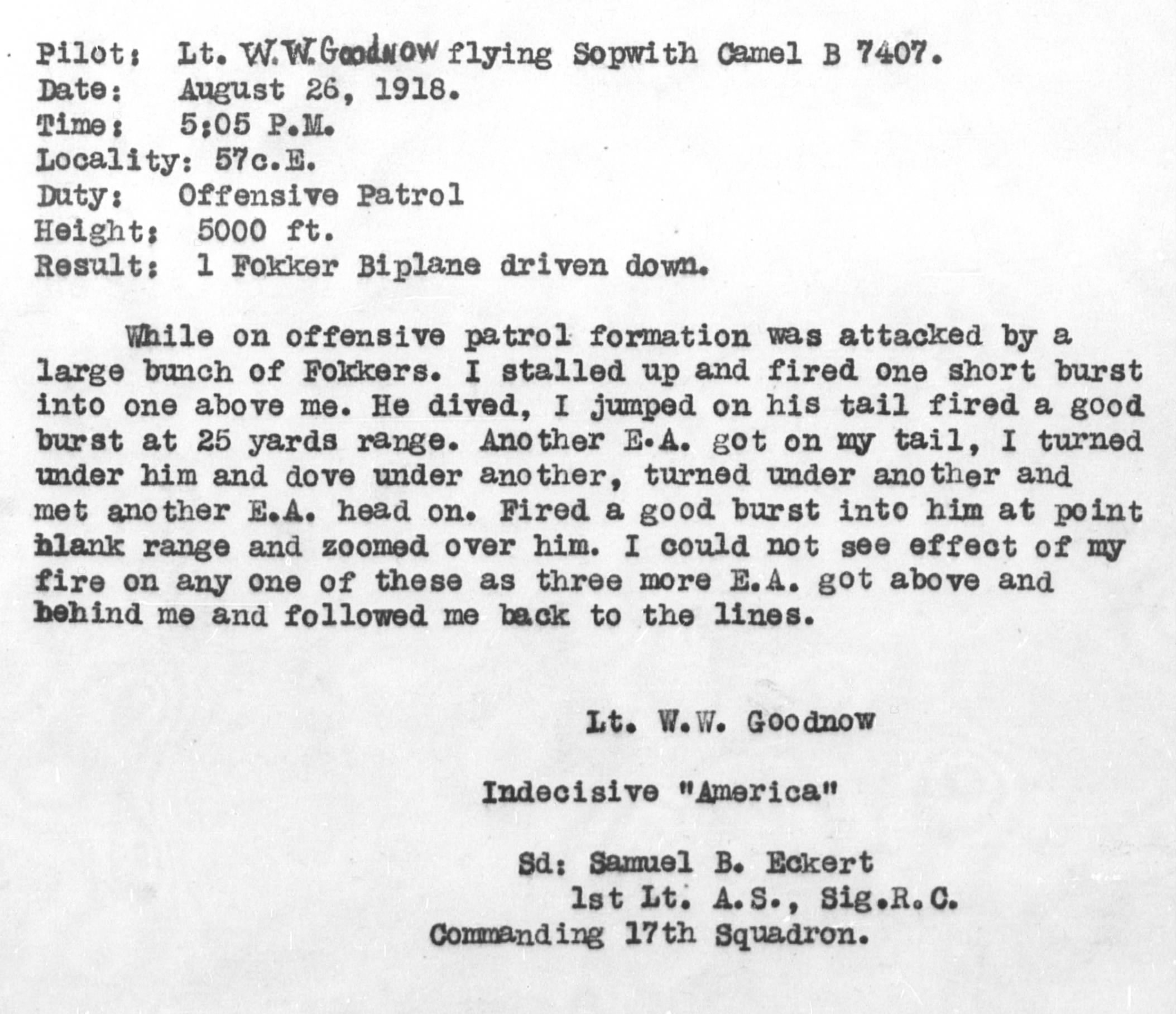A typed combat report for Goodnow's indecisive efforts to shoot down enemy planes on August 26, 1918.