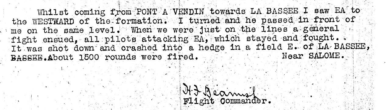 The typed narrative from a combat report with the signature "H. F. Beamish, Flight Commander."