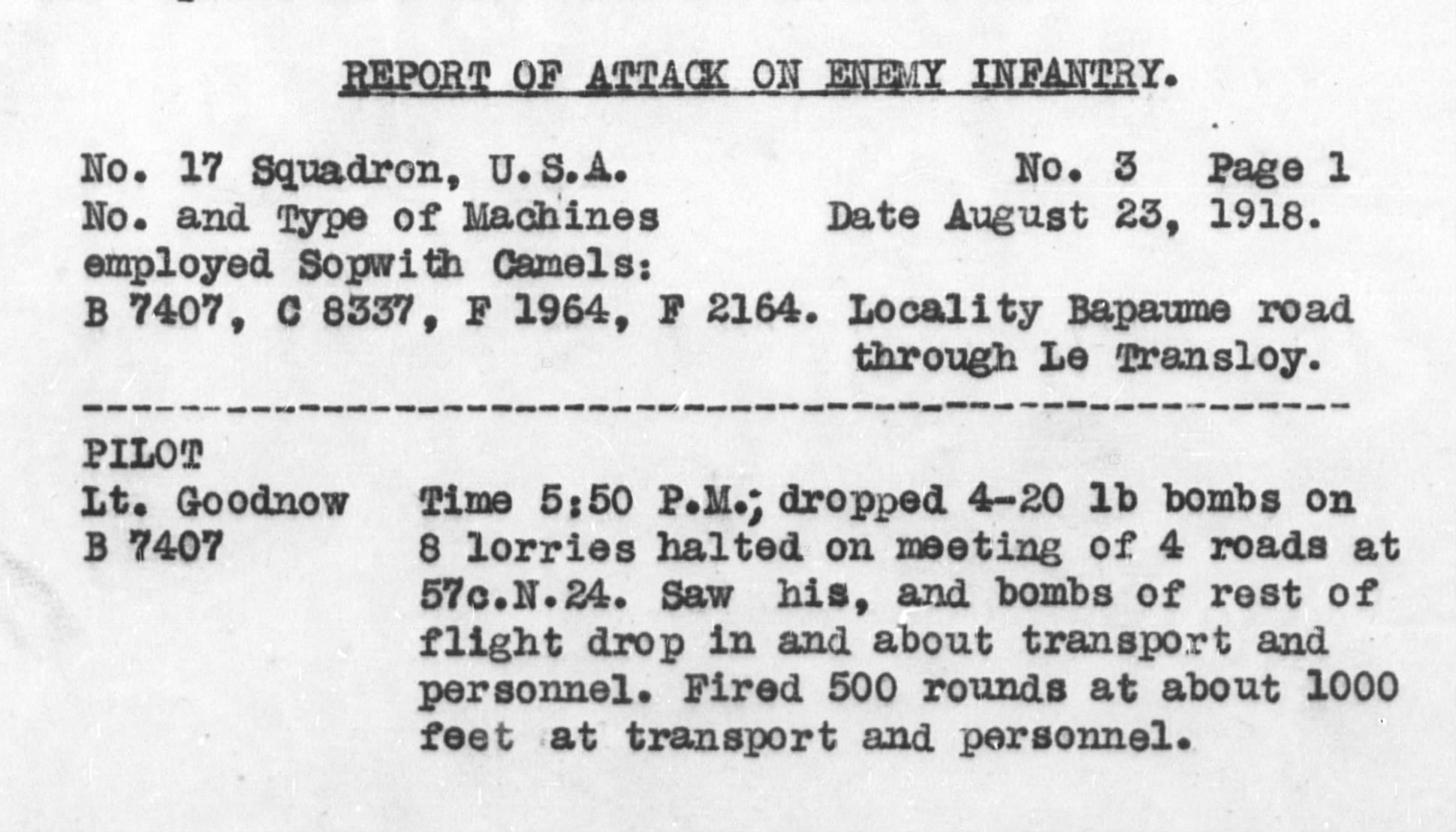 First part of a typed bombing report for August 23, 1918, with account of Goodnow's activity.