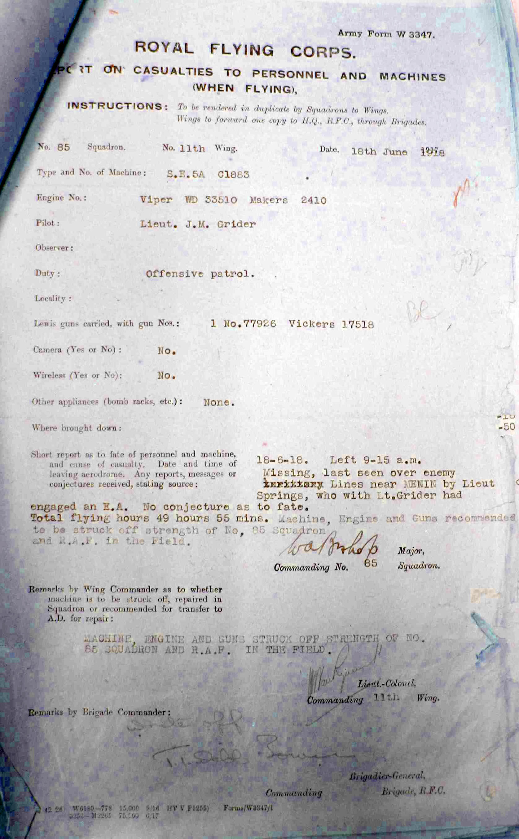 An RFC form, Report on Casualties to Personnel and Machines with information typed in about Grider and the disposition of his SE5a.