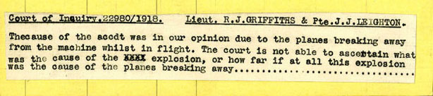 A typed text of the court of inquiry for Griffith and Leighton pasted to the back of a yellow casualty card.