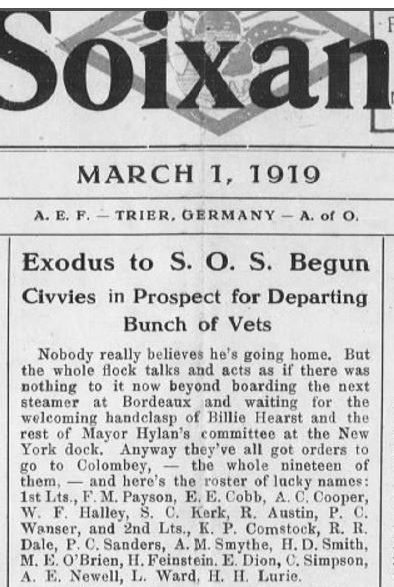 A newspaper clipping from March 1, 1919, titled "Exodus to S.O.S. Begun."