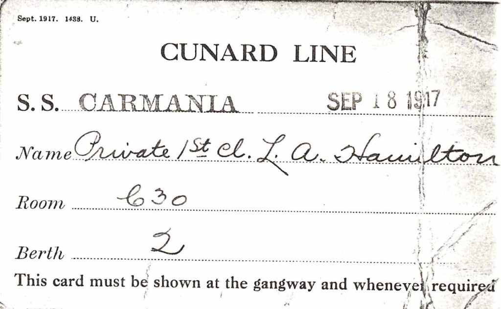 Hamilton's boarding pass, dated September 18, 1917, for the Carmania.