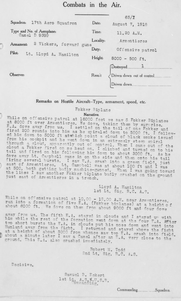 A typed combat report for Hamilton's combat on August 7, 1918.