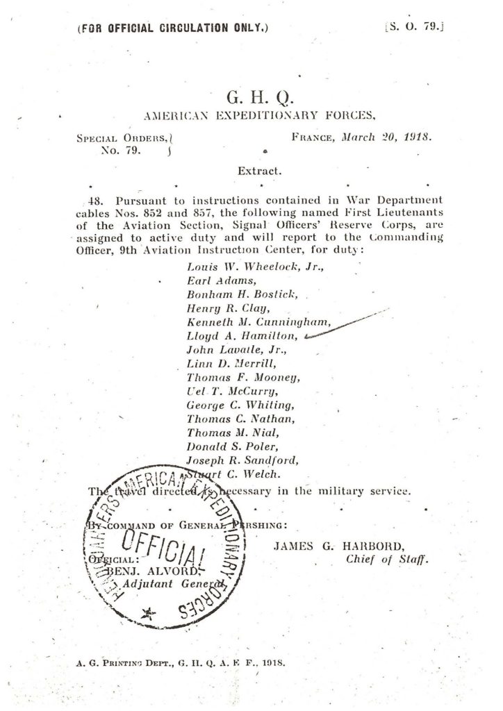 A printed page with Special Orders 79, indicating the date when Hamilton and others were considered to be on active duty.