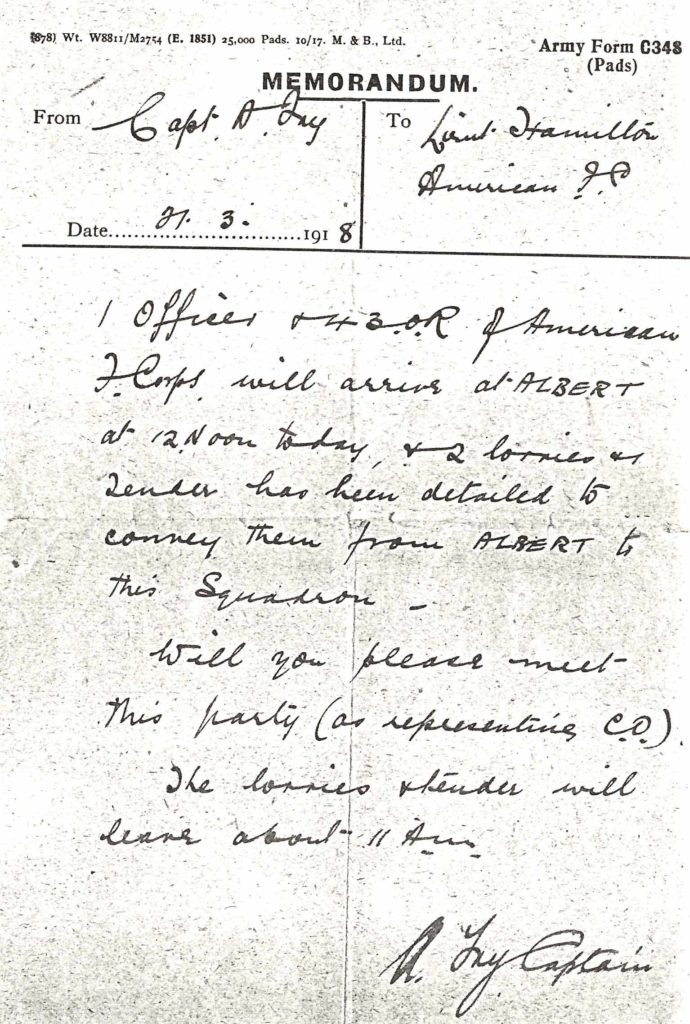 A handwritten memo dated March 21, 1918, on printed stationery, with the request that Hamilton meet the mechanics of the 148th Aero at Albert.