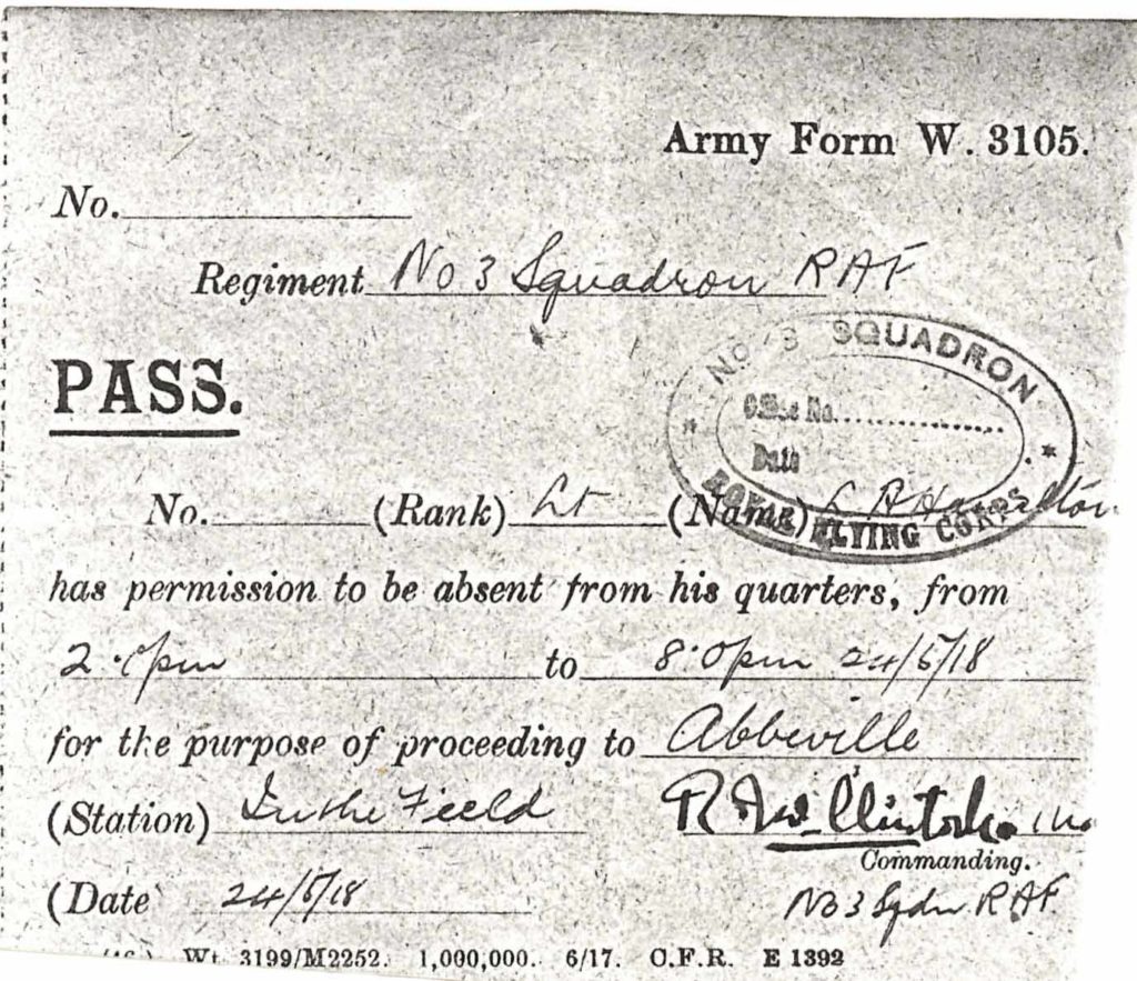 A printed army form filled in in ink; it is a six hour pass for Hamilton to Abbeville for May 24, 1918.