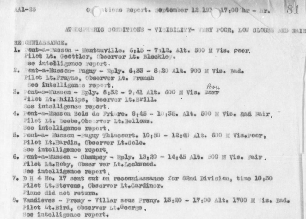 A typed list showing list showing participants in eight flights made by the 50th on September 12, 1918, and where, when, and how high they flew.
