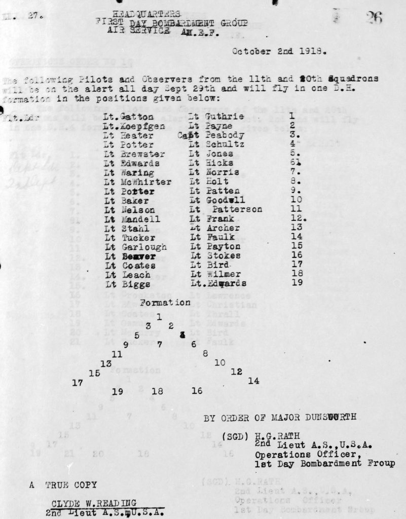 A typed operations order made up of a list of 19 numbered teams of pilots and observer with a sketch made up of numbers to show where each plane was to fly in formation for a mission on September 29, 1918. The order has apparently been misdated October 2, 1918.