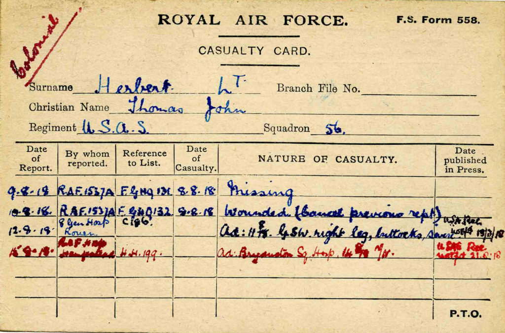 A casualty card for Herbert, note card size, with information filled in in blue and red ink relating what happened to him subsequent to his crash.