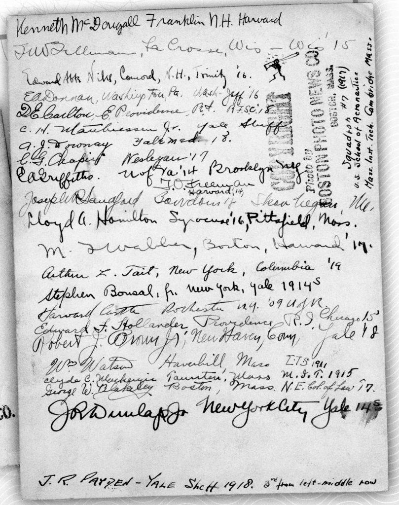 The back of a photo with signatures of men in the photo, with their addresses (or home towns), colleges and graduation years.