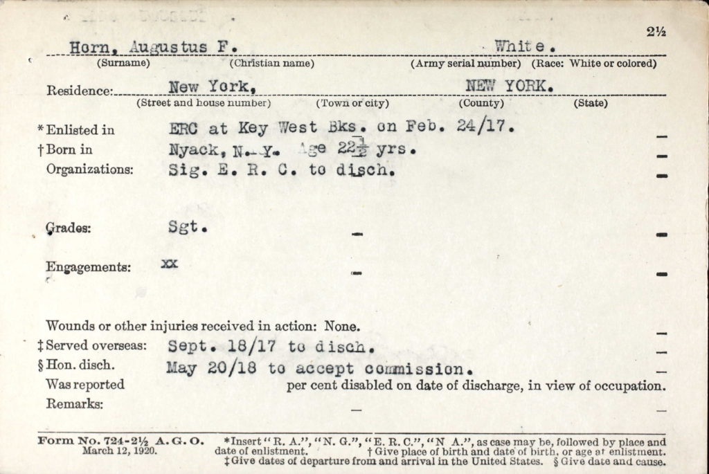 A printed card with typewritten information about Horn.