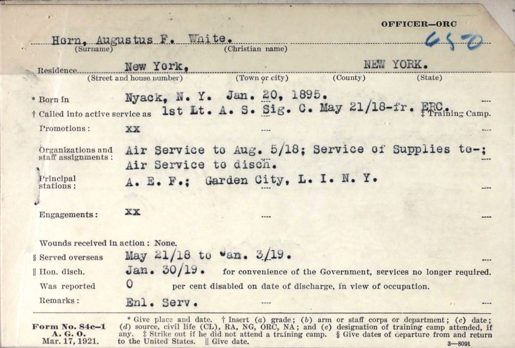 A printed card with information about Horns military service typed in.