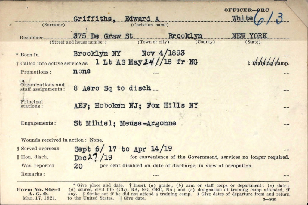 A printed card with information about Griffiths's service as an officer in World War I typed in.