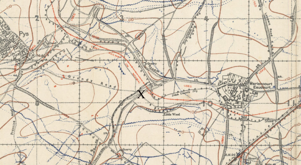 Detail from a map, with an X marking a spot about halfway between the French towns of Pys and Warlencourt.