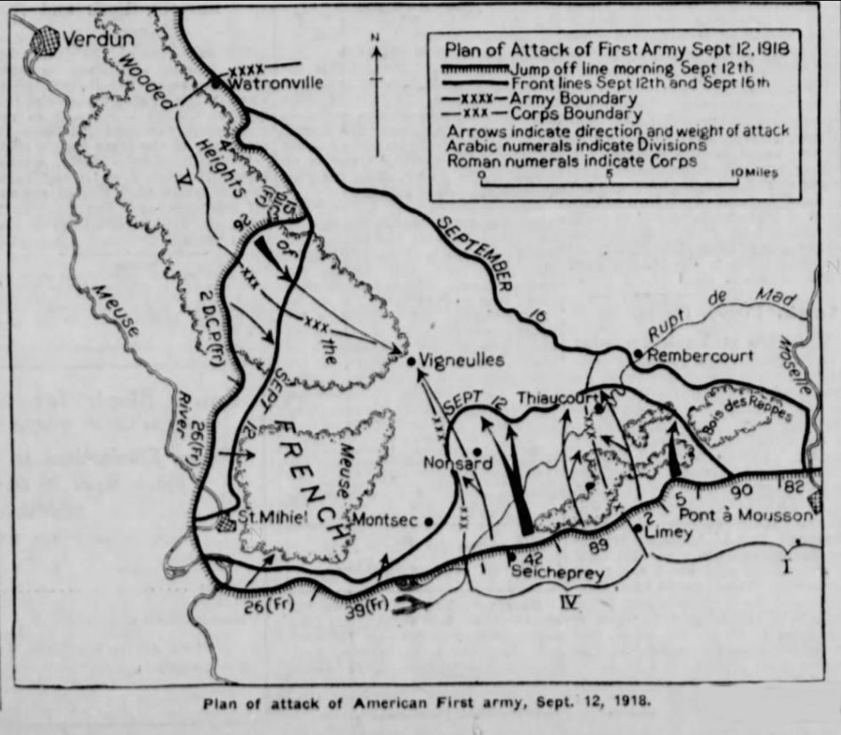 A map labelled "Plan of attack of Americah First army, Sept. 12, 1918."