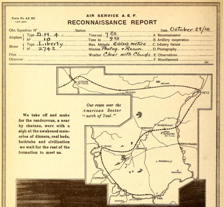 The upper half or so of a page from a printed book. At the top is the partially filled in header from a reconnaissance report. The middle right of the page has a map of the area of France stretching from Toul in the southeast to Verdun in the northwest and, using a dotted line, shows a possible route for a reconnaissance flight.