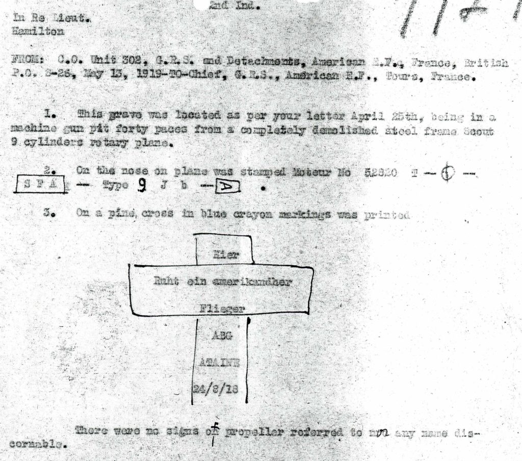 A portion of Tompkins's memo to Pierce regarding finding Hamilton's grave; it includes a crude outline of a cross with an inscription in German.