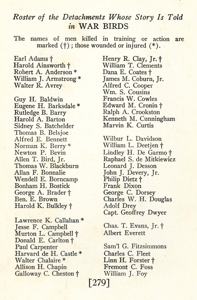 Page from War Birds with an alphabetical list of names running from Earl Adams to William J. Foy. Crosses mark those killed, asterisks those wounded.