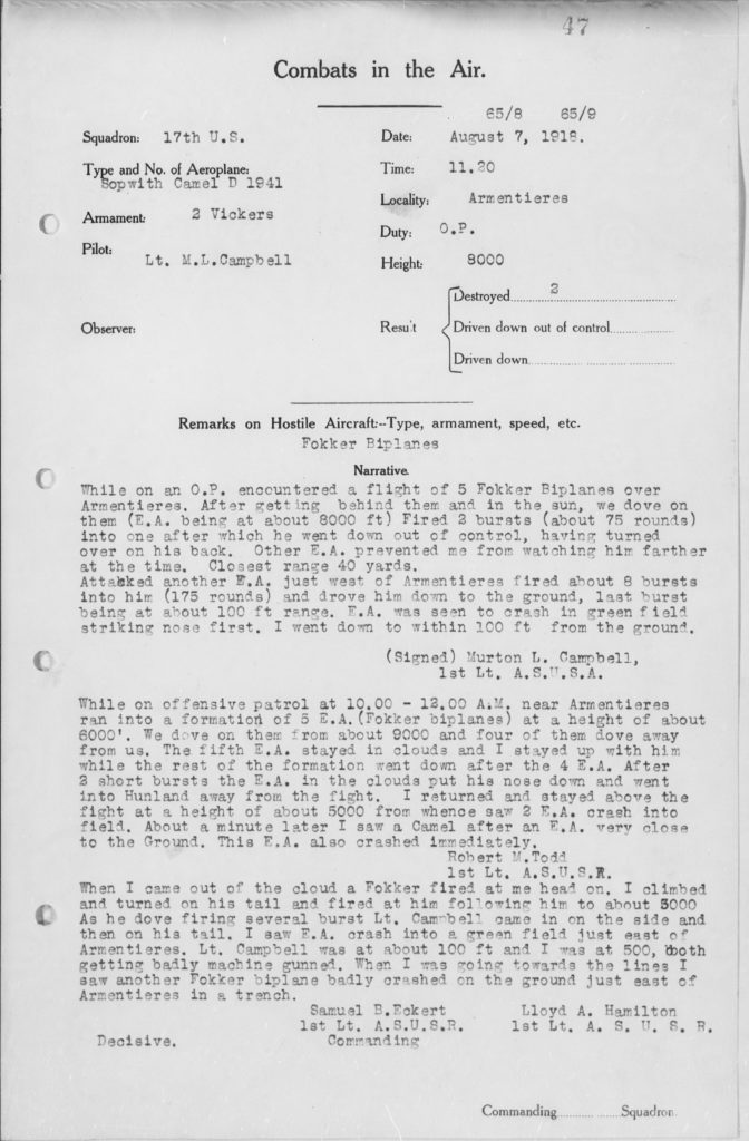 A typed combat report for Cambell's two victories on August 7, 1918, with corroborating statements by Robert M. Todd and Lloyd A. Hamilton.