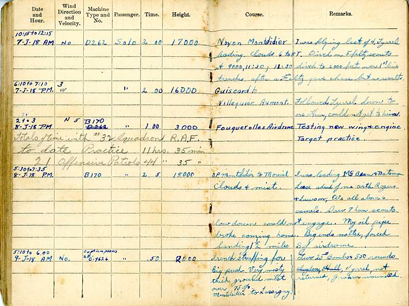 3. Parr’s Pilot’s Flying Log Book, June 7–9, 1918.